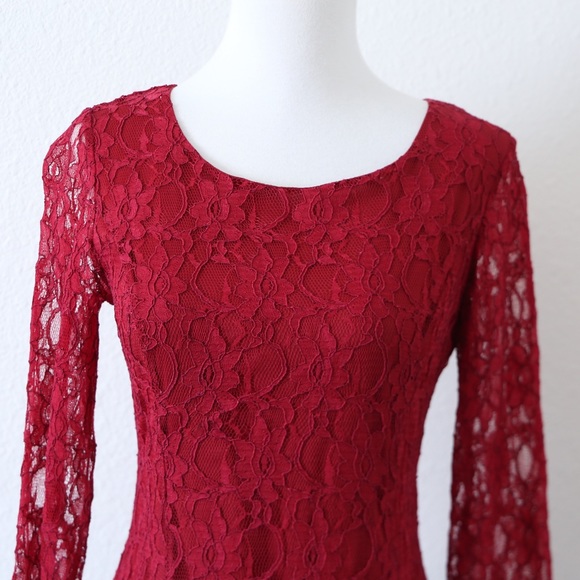 Lulu's Fine & Dine Wine Red Lace Long Sleeve Dress Size Medium - Picture 2 of 12